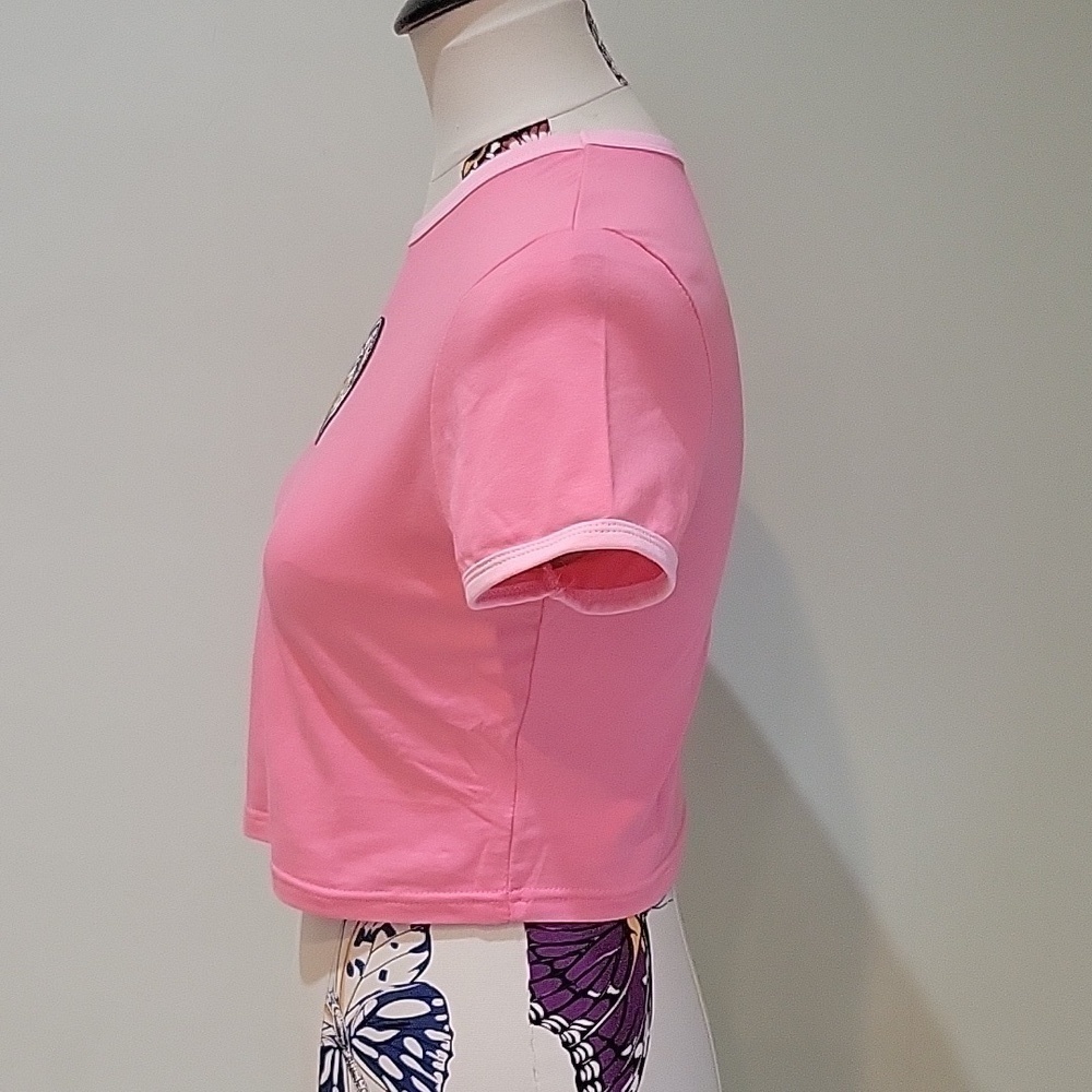 Pink crop top tee.  Size 8.  95% cotton with heart design sun moon patch. - Picture 2 of 5